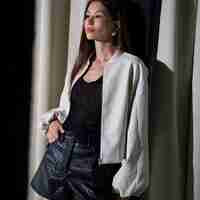 WOVEN FAUX LEATHER BOMBER JACKET