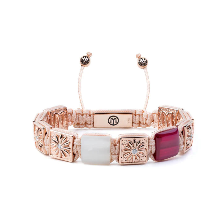 FLAT-BEAD MACRAME BRACELET IN ROSE GOLD, RUBY AND MOONSTONE "SAKURA SAXA"