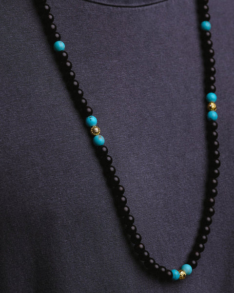 NECKLACE WITH EBONY WOOD, SANDAL WOOD AND TURQUOISE IN GOLD