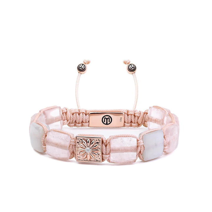 FLAT-BEAD BRAIDED BRACELET IN ROSE GOLD WITH ROSE QUARTZ AND MOONSTONE SAKURA QUADRA