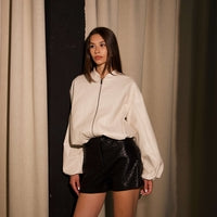 WOVEN FAUX LEATHER BOMBER JACKET