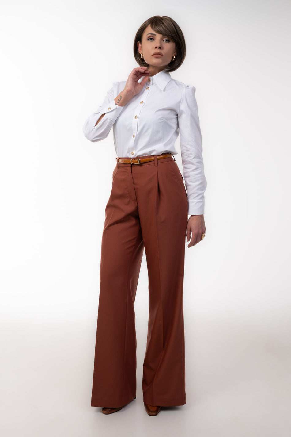 Brown High Waist Women's Trousers with Pleats