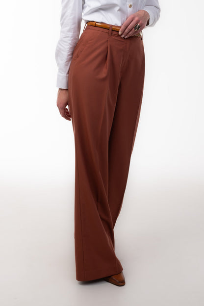 Brown High Waist Women's Trousers with Pleats