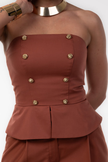 Elegant Brown Bustier with Peplum and Gold Buttons