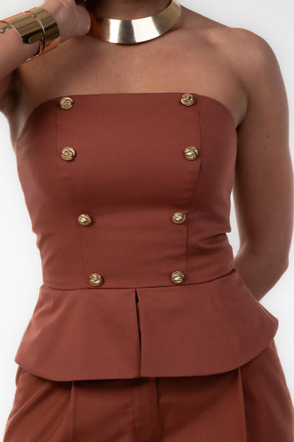 Elegant Brown Bustier with Peplum and Gold Buttons
