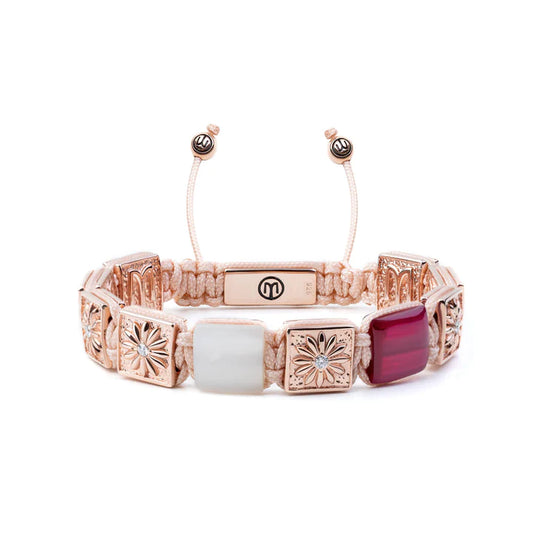 FLAT-BEAD MACRAME BRACELET IN ROSE GOLD, RUBY AND MOONSTONE "SAKURA SAXA"